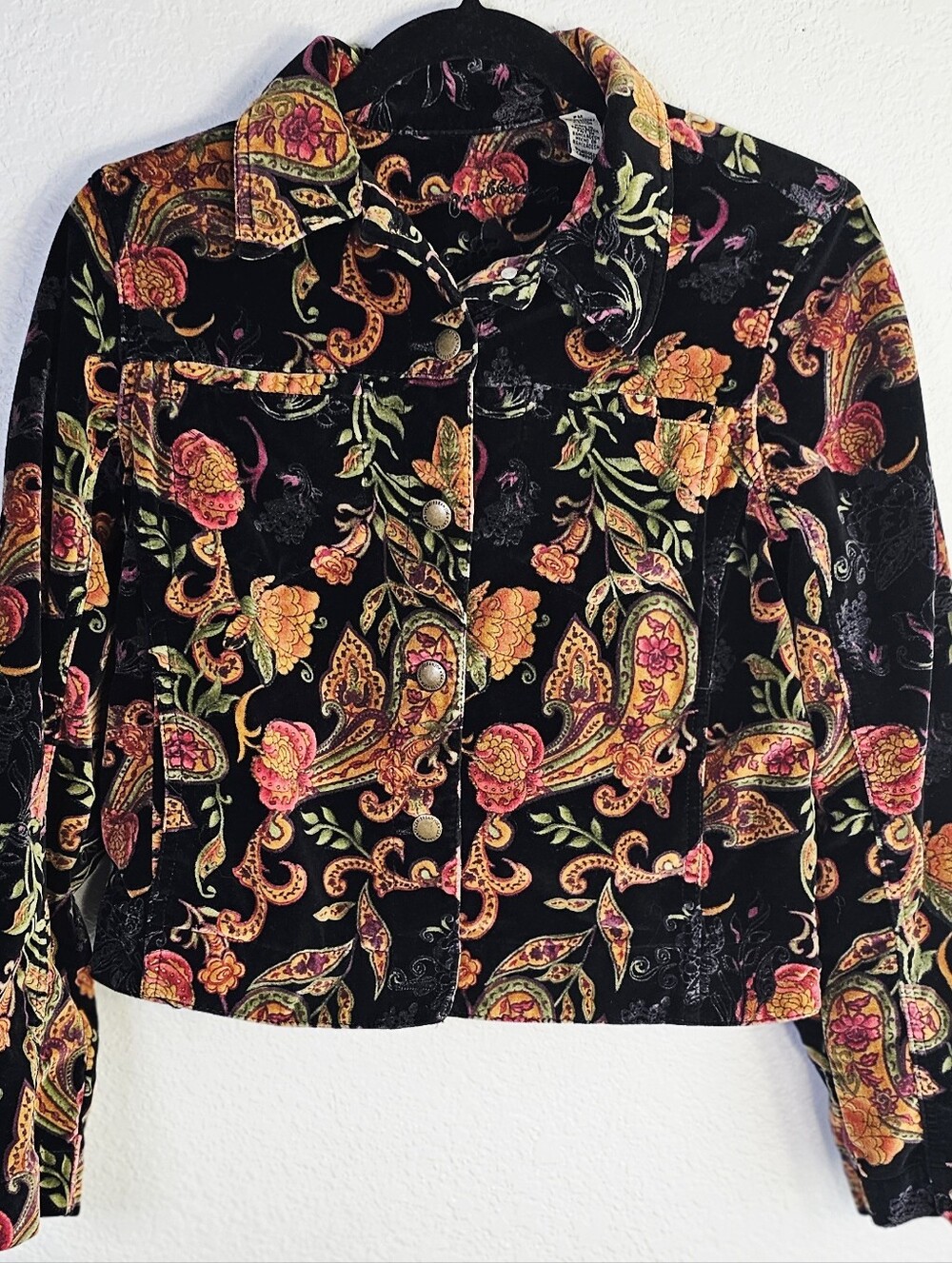 Caribbean Joe Velvet Floral Paisley Cropped Jacket PM Black Cotton